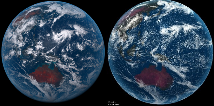 Foto links: Echtfarbaufnahme der Erde durch den Wettersatelliten Himawari 8 vom 04.08.2016. 
Bild rechts: Rechnergestützte Simulation der Erde für den gleichen Tag mit globalem Klimamodell (WarmWorld) in einer Auflösung von 2,5 mal 2,5 Kilometern.
Die beiden Abbildungen zeigen im Vergleich, wie genau das globale Klimamodell WarmWorld in Zukunft arbeiten wird: Die Simulation im Klimamodell WarmWorld (rechts) ergibt ein fast identisches Bild zur Original-Aufnahme des Satelliten von der Erde (links).
