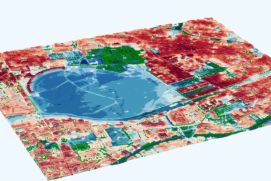 Das digitale PALM-4U kann die Überwärmung eines Stadtviertels in einer Hitzeperiode berechnen. Die Grafik zeigt die oberflächennahe Lufttemperatur am Tempelhofer Feld in Berlin. Dargestellt ist der 24-Stunden Mittelwert an einem Sommertag. Die Tageshöchstwerte liegen in den dicht bebauten Gebieten bei deutlich über 30 Grad Celsius. An den dunkelroten Stellen kann von Handlungsbedarf ausgegangen werden. 