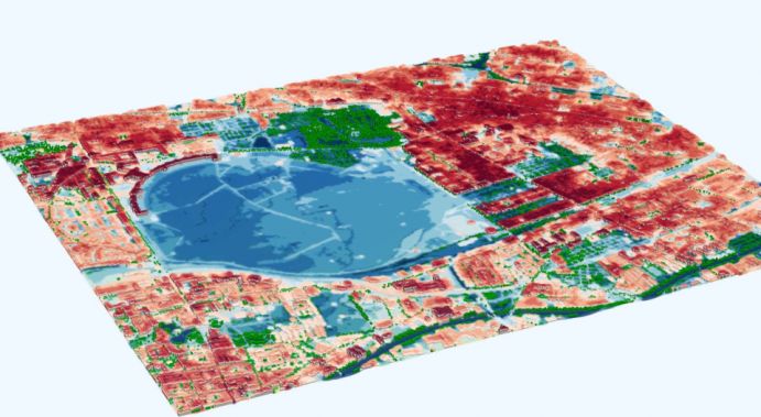 Das digitale PALM-4U kann die Überwärmung eines Stadtviertels in einer Hitzeperiode berechnen. Die Grafik zeigt die oberflächennahe Lufttemperatur am Tempelhofer Feld in Berlin. Dargestellt ist der 24-Stunden Mittelwert an einem Sommertag. Die Tageshöchstwerte liegen in den dicht bebauten Gebieten bei deutlich über 30 Grad Celsius. An den dunkelroten Stellen kann von Handlungsbedarf ausgegangen werden. 