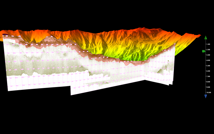 3D-Modell des Seebodens und Darstellung der Sedimentmächtigkeit (rote Schraffur)