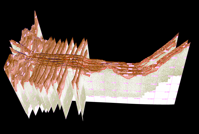 3D-Raster der seismischen Peillinien mit Sedimentmächtigkeit (rote Schraffur)