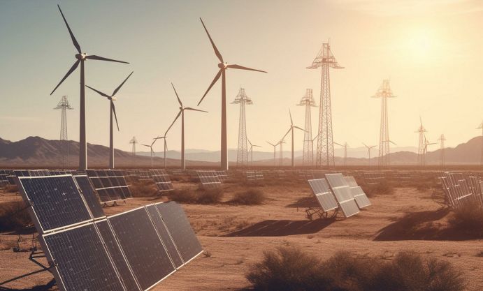 Erneuerbare Energiequellen: Windgeneratoren und Sonnenkollektoren in der Wüste. Erneuerbare Energiequellen: Windgeneratoren und Sonnenkollektoren in der Wüste.