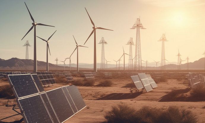 Erneuerbare Energiequellen: Windgeneratoren und Sonnenkollektoren in der Wüste.