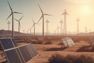 Erneuerbare Energiequellen: Windgeneratoren und Sonnenkollektoren in der Wüste.