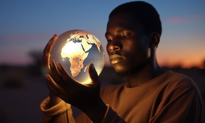 Junger Afrikaner, der einen beleuchteten Erdglobus vor sein Gesicht hält.