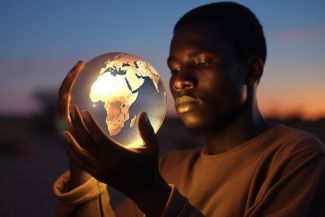 Junger Afrikaner, der einen beleuchteten Erdglobus vor sein Gesicht hält.