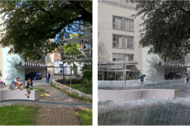 Konzept für schadfreien Wasserabfluss in Schwäbisch Gmünd. Links: Die Zisterne im Innenhof dient an trockenen Tagen als Sitzelement. Das gespeicherte Wasser kann zur Bewässerung der Grünanlage genutzt werden.  Rechts: Das aus dem Innenhof abfließende Wasser strömt in die Zisterne. Ein Überlauf ist an den neuen Regenwasserkanal angeschlossen. Mauern lenken den Abfluss an der Oberfläche weg von den Gebäuden.