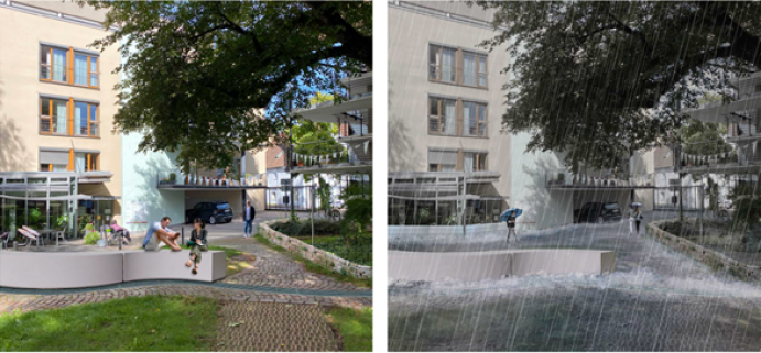 Konzept für schadfreien Wasserabfluss in Schwäbisch Gmünd. Links: Die Zisterne im Innenhof dient an trockenen Tagen als Sitzelement. Das gespeicherte Wasser kann zur Bewässerung der Grünanlage genutzt werden. Rechts: Das aus dem Innenhof abfließende Wasser strömt in die Zisterne. Ein Überlauf ist an den neuen Regenwasserkanal angeschlossen. Mauern lenken den Abfluss an der Oberfläche weg von den Gebäuden. Konzept für schadfreien Wasserabfluss in Schwäbisch Gmünd. Links: Die Zisterne im Innenhof dient an trockenen Tagen als Sitzelement. Das gespeicherte Wasser kann zur Bewässerung der Grünanlage genutzt werden. Rechts: Das aus dem Innenhof abfließende Wasser strömt in die Zisterne. Ein Überlauf ist an den neuen Regenwasserkanal angeschlossen. Mauern lenken den Abfluss an der Oberfläche weg von den Gebäuden.
