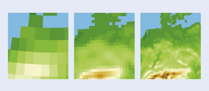 Von groben zu feinen Pixeln – für eine bessere Auflösung und damit präzisere Klimaprognosen: Die linke Grafik zeigt die Auflösung eines globalen Klimamodells, mit dem für Deutschland kaum Unterschiede zwischen den Regionen ersichtlich werden. Die mittlere Grafik zeigt eine grobe Auflösung der Regionen, doch erst die feine Auflösung in der rechten Abbildung stellt die regionalen Unterschiede für Deutschland dar. Das vom BMBF geförderte Projekt „Coming Decade“ liefert mit dem neuen Klimamodell Auflösungen wie in der rechten Grafik und berechnet somit aussagekräftigere Klimaprognosen für die nächsten zehn Jahre in Deutschland und Europa. Von groben zu feinen Pixeln – für eine bessere Auflösung und damit präzisere Klimaprognosen: Die linke Grafik zeigt die Auflösung eines globalen Klimamodells, mit dem für Deutschland kaum Unterschiede zwischen den Regionen ersichtlich werden. Die mittlere Grafik zeigt eine grobe Auflösung der Regionen, doch erst die feine Auflösung in der rechten Abbildung stellt die regionalen Unterschiede für Deutschland dar. Das vom BMBF geförderte Projekt „Coming Decade“ liefert mit dem neuen Klimamodell Auflösungen wie in der rechten Grafik und berechnet somit aussagekräftigere Klimaprognosen für die nächsten zehn Jahre in Deutschland und Europa. https://wiki.bildungsserver.de/klimawandel/index.php/Datei:Modellaufl%C3%B6sung_Deutschland.jpg