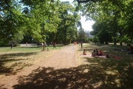 Friedenspark Leipzig im Sommer. Das Gras ist vertrocknet, Kinder sitzen auf einer Picknick-Decke oder spielen Fußball.