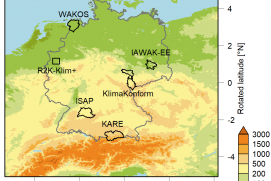 Die Karte zeigt alle Regionen, in denen die sechs RegIKlim-Projekte forschen: WAKOS, IAWAK-EE, KlimaKonform, R2K-Klim+, ISAP und KARE. NUKLEUS arbeitet als Querschnittsprojekt eng mit diesen Projekten zusammen, um Klimamodelldaten mit einer hohen räumlichen Auflösung generieren zu können.