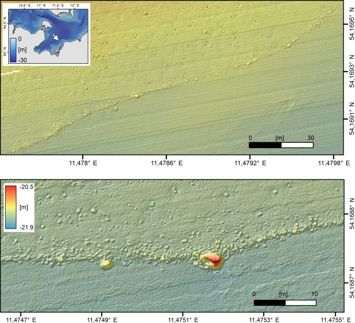 Hochaufgelöste bathymetrische Daten (aufgenommen mit autonomem Unterwasserfahrzeug) entschlüsseln die detaillierte Struktur des Steinwalls. 