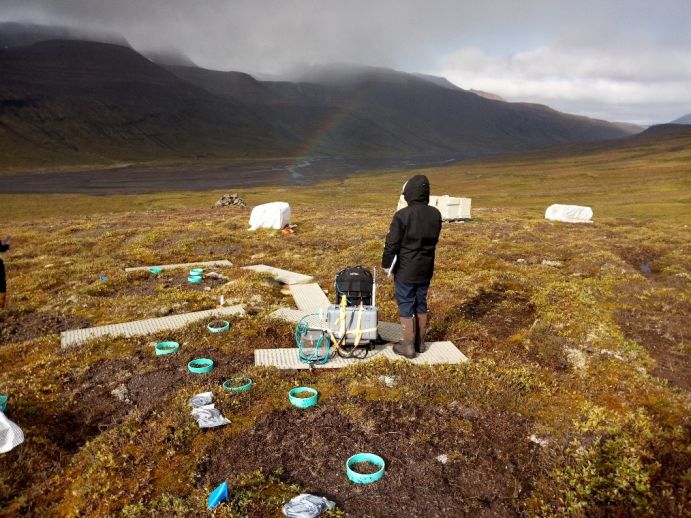 Um Methanflüsse kleinräumig zu erfassen, werden mobile Analysegeräte in der grönländischen Tundra eingesetzt. Um Methanflüsse kleinräumig zu erfassen, werden mobile Analysegeräte in der grönländischen Tundra eingesetzt.
