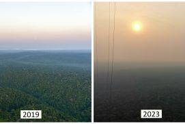 In den Morgenstunden im September 2019 ist die Luft bis auf etwas Morgennebel klar. Zur selben Jahres- und Tageszeit 2023 ist die Luft deutlich sichtbar rauchgetrübt, verursacht durch die Brände aufgrund der extremen Dürre.