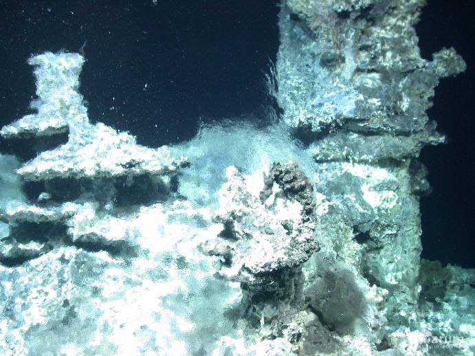 Auf dieser Aufnahme des Tauchroboters erkennt man mehrere Schloten und Flanschen eines Hydrothermalfeldes, aus denen Fluide austreten. Auf dieser Aufnahme des Tauchroboters erkennt man mehrere Schloten und Flanschen eines Hydrothermalfeldes, aus denen Fluide austreten.
