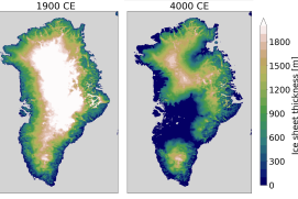 Links: Dicke des Eisschildes über Grönland um 1900. 
Rechts: Dicke des Eisschildes um 4000 n.Chr., simuliert mit einem Szenario unter der Annahme, dass sich die Temperaturen stark erhöhen und geringe Anstrengungen unternommen werden, die CO2-Emissionen zu reduzieren. Es ist deutlich zu erkennen, dass das Eisschild infolge der Treibhausgas-Emissionen durch menschliche Aktivitäten signifikante Eisverluste zu verzeichnen hat.