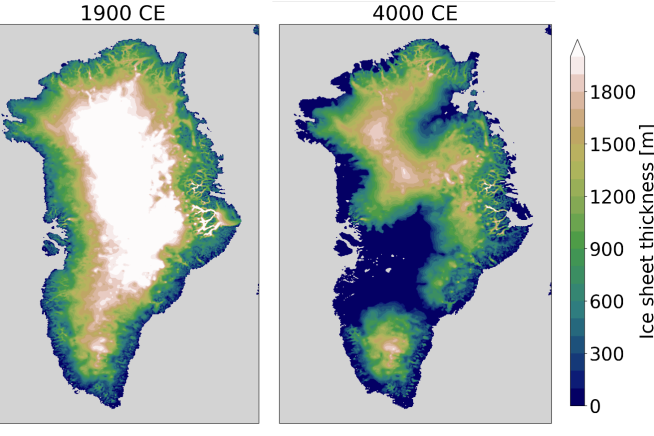 Links: Dicke des Eisschildes über Grönland um 1900. 
Rechts: Dicke des Eisschildes um 4000 n.Chr., simuliert mit einem Szenario unter der Annahme, dass sich die Temperaturen stark erhöhen und geringe Anstrengungen unternommen werden, die CO2-Emissionen zu reduzieren. Es ist deutlich zu erkennen, dass das Eisschild infolge der Treibhausgas-Emissionen durch menschliche Aktivitäten signifikante Eisverluste zu verzeichnen hat.
