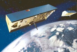 Flug der beiden GRACE-Satelliten (bzw. GRACE-FO). Aus der fortlaufenden Messung des sich infolge der unterschiedlichen Erdanziehungskraft st&auml;ndig &auml;ndernden Abstandes zwischen den Satelliten kann das globale Erdschwerefeld bestimmt werden.