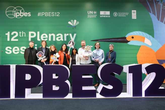 Deutsche Delegation auf der 12. Sitzung der IPBES-Vollversammlung in Manchester, Großbritannien.
Von links nach rechts: Marco Grimm, Julia Kloos (beide Deutsche IPBES-Koordinierungsstelle), Natascha Lewandowski, Verena Klinger-Dering, Warthane Puvanarajah (alle Bundesministerium für Umwelt, Klimaschutz, Naturschutz und nukleare Sicherheit), Lennart Kümper-Schlake, Edgar Schütte, (beide Bundesamt für Naturschutz) und Mariam Akhtar-Schuster (Deutsche IPBES-Koordinierungsstelle).