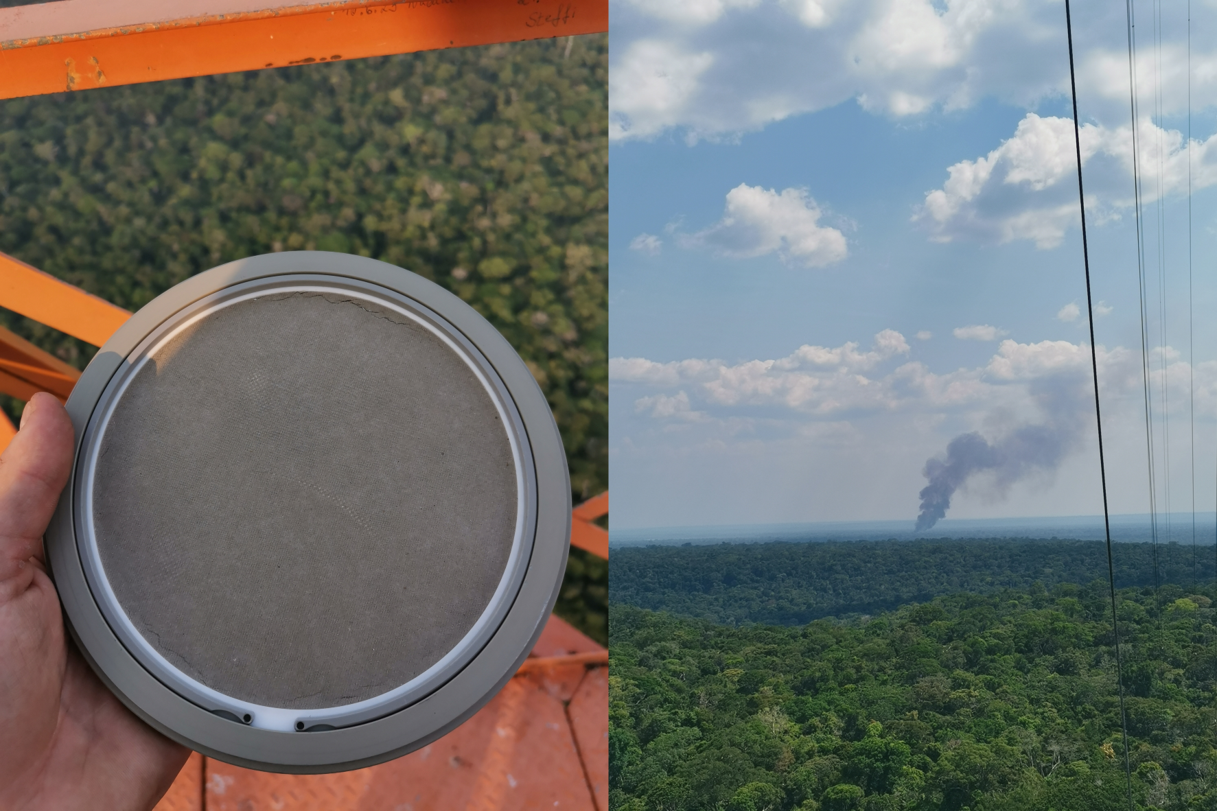 Ein stark verdreckter Partikelfilter (links) zeigt deutlich, wie viel Ruß in der Trockenzeit 2023 in der Luft liegt. Die Ursache sind unter anderem auch völlig untypische Brände im unberührten Regenwald in direkter Nähe zu ATTO (rechts). 